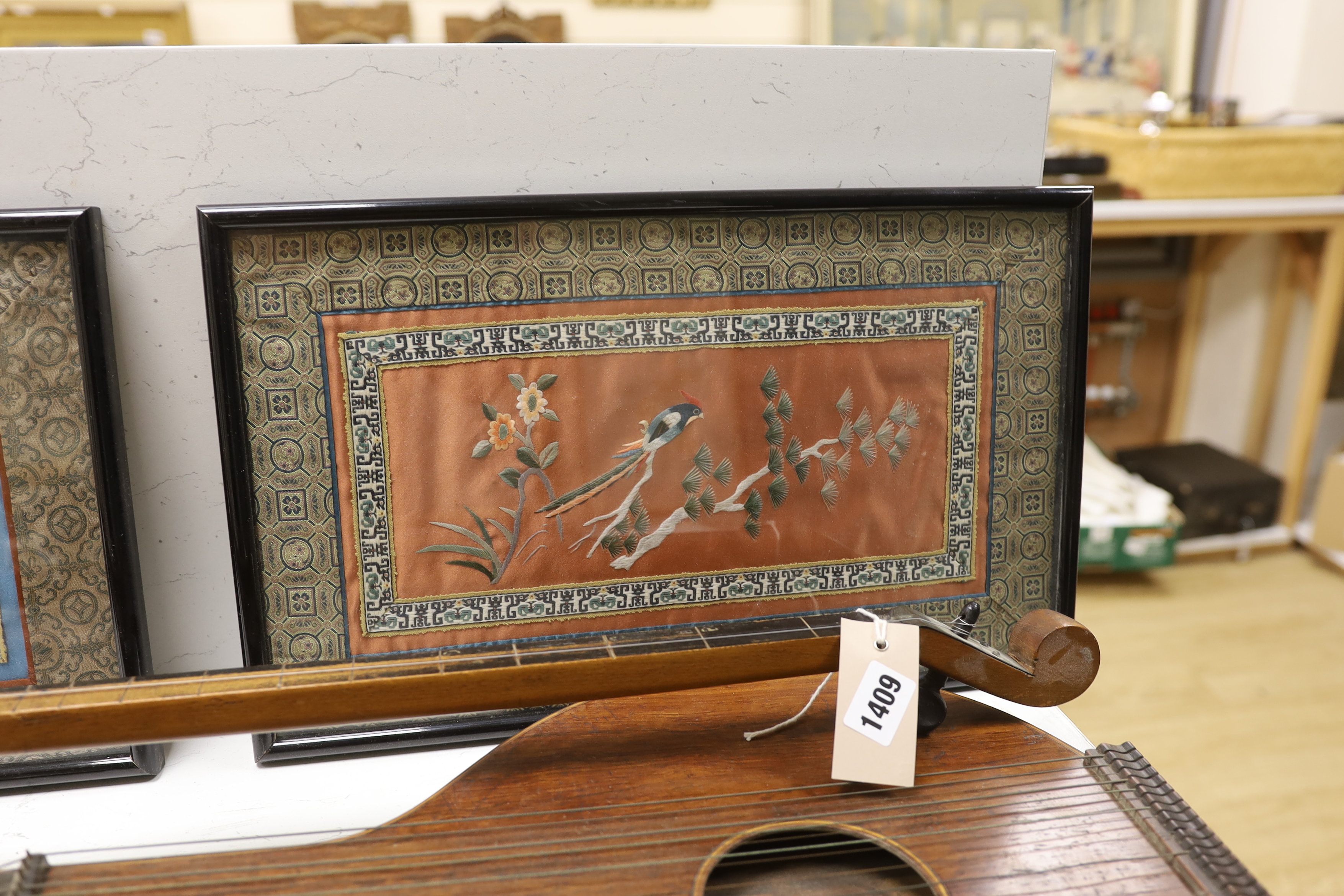 Two Chinese mid 20th century silk embroidered figurative panels with two similar Chinese floral and bird framed embroideries, all four Dordrecht with silk brocade, two figurative embroideries, 63cm wide x 32cm high